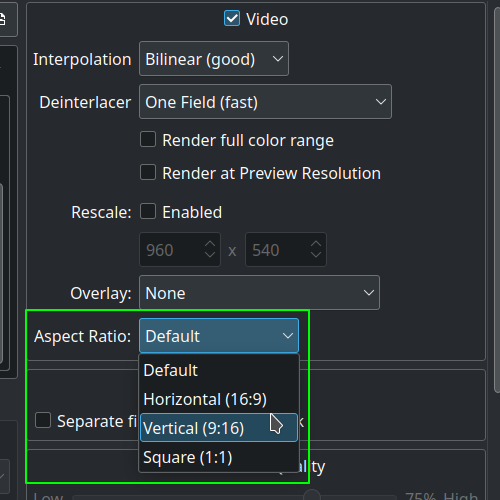 aspect-ratio selector in the kdenlive render widget